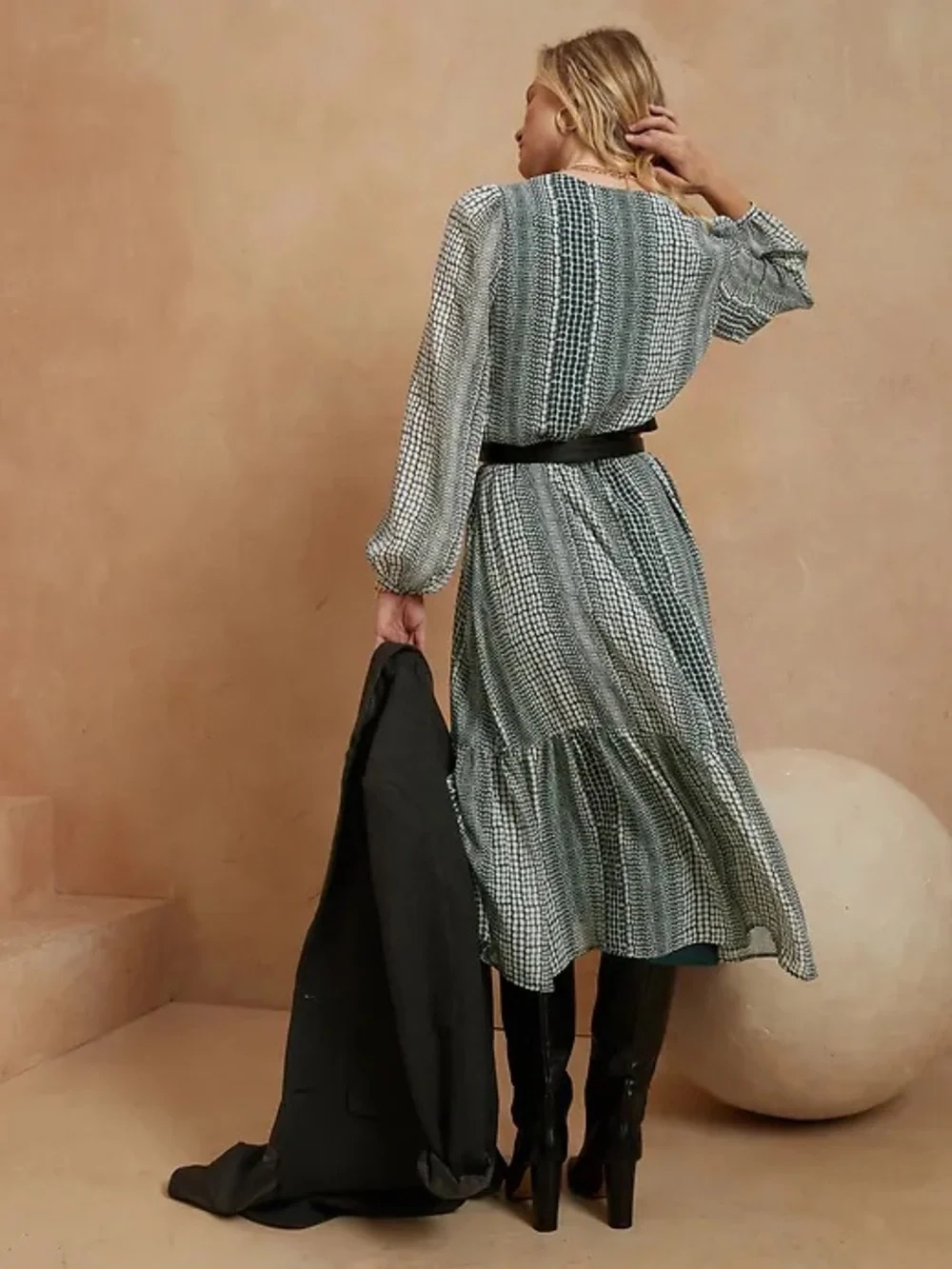 Banana Republic Petite Flounce Hem Maxi Dress Printed Boho Prairie V Neck NWT L